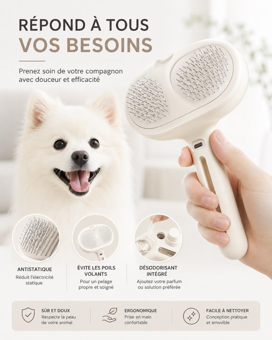 Brosse Vapeur Massage pour Chien et Chat — Peigne Spray Doux & Démêlant