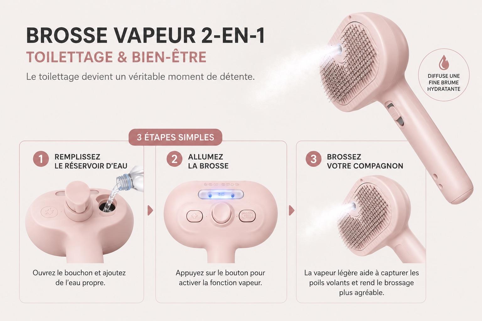 Brosse Vapeur Massage pour Chien et Chat — Peigne Spray Doux & Démêlant
