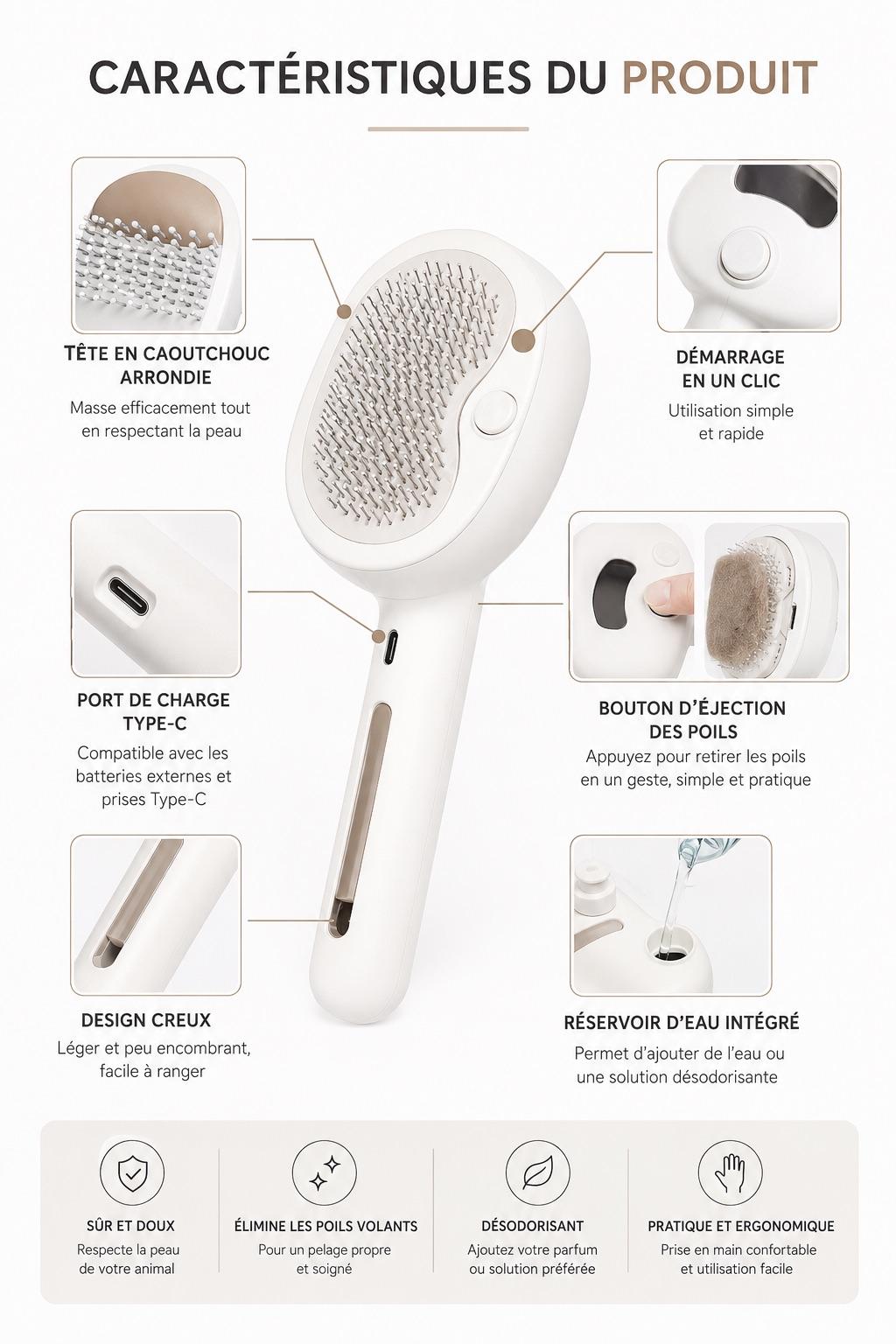 Brosse Vapeur Massage pour Chien et Chat — Peigne Spray Doux & Démêlant